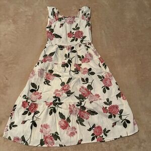 Girls Floral Tiered Dress White Pink Roses Smocked Back Summer Sundress